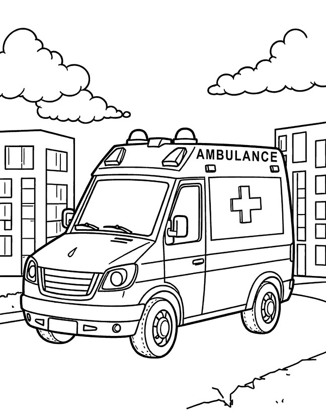 Ambulance and hospital scene coloring page